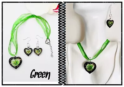 Murano Lampwork Glass Heart Pendant + Earrings Jewellery Set In Multiple Colours • £6.95