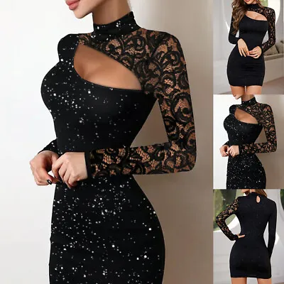 Womens Sexy Lace Hollow Out Mini Dress Evening Party Cocktail Night Club Bodycon • £13.29