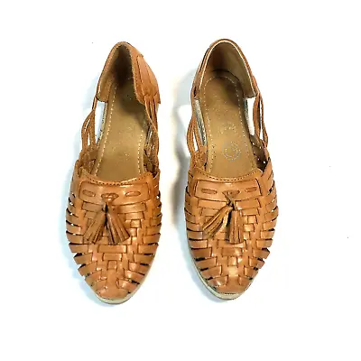 D’Arte Artisanal Woven Leather Huarache Women's 25 US 9 Tan Sandal Tassel Loafer • $24