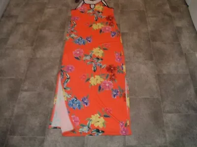 Size 14 Qed London Orange Pink Purple Floral Silky Jersey Summer Maxi Dress • £4.99