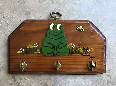 Vintage Hand Crafted Hand Painted Wooden Key Rack W/Frog Eyeing Butterfly • $22