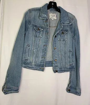 I Love H81 Crop Denim Jean Jacket Distressed Women's Size Small • $15