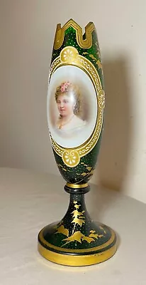 Antique 19th Century Bohemian Moser Green Glass Hand Painted Gilt Portrait Vase • $349.99