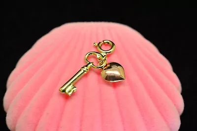 14K Yellow Gold Skeleton Key & 14k Rose Gold Puffed Heart 2 Piece Pendant Charm • $71.48