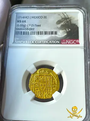 Mexico 1714 Ngc 64 2 Escudos 1715 Fleet Pirate Gold Coins Shipwreck Treasure • $19500