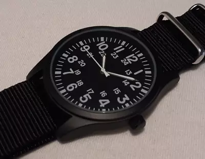 Military Field Watch Quartz Black Pc Case Nylon Strap 42 Mm Case New • $19