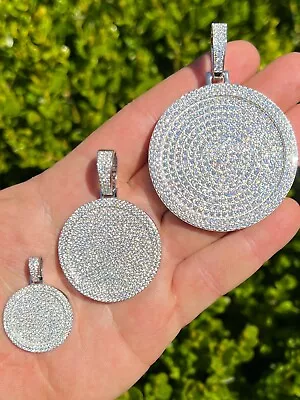 Solid 925 Silver Bling CZ Iced Round Hip Hop Dog Tag Medallion Pendant Necklace • $96.73