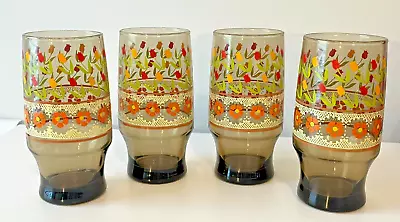 4 Vintage MCM Smoky Amber Footed Drinking Beverage Juice Glasses Floral Tulips • $28