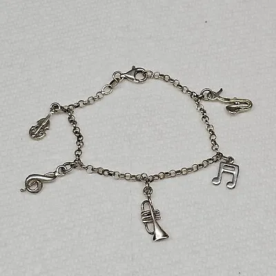 CW Italy Sterling Silver Charm Rolo Link Bracelet Music Notes Instrument Vintage • $24.99