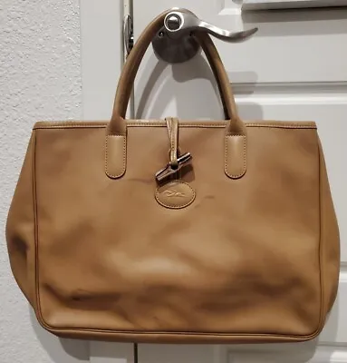 Longchamp Authentic Beige Tan Coated Leather Made France Tote Bag 13 In  • $30