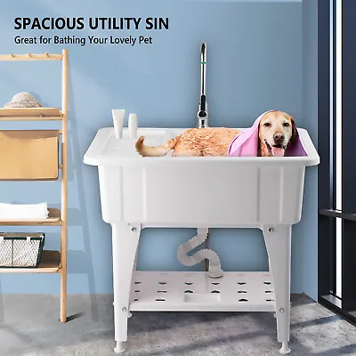 Spacious White Utility Sink Laundry Tub Freestanding Sink Wash Station W/ Faucet • $139.99