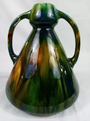 Art Pottery Vase Two Handles Drip Glaze Green Orange Blue 22cm Tall 17cm Widest • £10