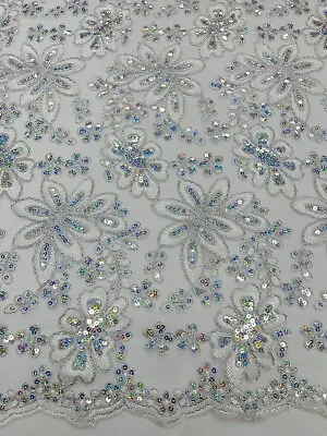 Metallic Floral Lace Fabric - Silver - Hologram Sequins Floral Fabric By Yard • $24.36