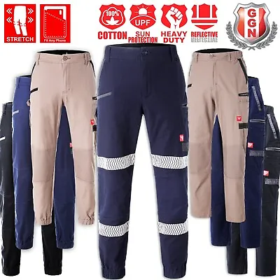 Mens Cargo Pants Work Trousers Elastic Cuffed Stretch Cotton Reflective Tape UPF • $46.95