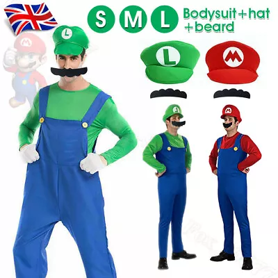 Adult Mens Super Mario Luigi Bros Cosplay Plumber Fancy Dress Costumes Outfits • £8.98