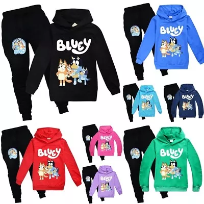Kids Boys Bingo Bluey Print Tracksuit Set Hoodie Trousers Suits Hoody Tops 2-14Y • £19.69