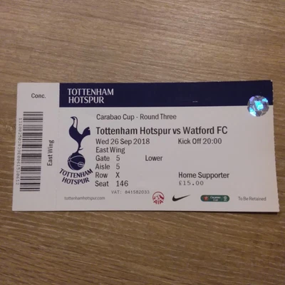 £2.99 • Buy Ticket 2018/19 Tottenham Spurs V Watford (Carabao Cup)