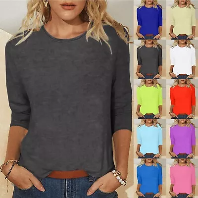 $27.23 • Buy Women's Solid Crew Neck Tops Plus Size 3/4 Sleeve Casual T Shirt Blouse Tee Tops
