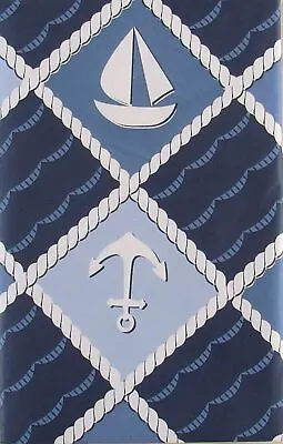 Waves Sailboats Ships Wheel Vinyl Flannel Back Tablecloth 60 Round Nautical  • $19.99