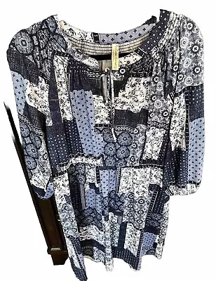 Per Seption Concept 3/4 Sleeve Blue Patchwork Print Dress Womens XL Tie Waist • $18