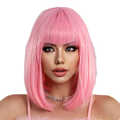 Short Straight Pink Wig For Woman Daily Party Cosplay Lolita Wig Natural Bob Wig • £8.65