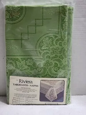 New Vintage Large Vinyl Green Lace Cutwork Art Deco Tablecloth 60 X106  Banquet • $14.99