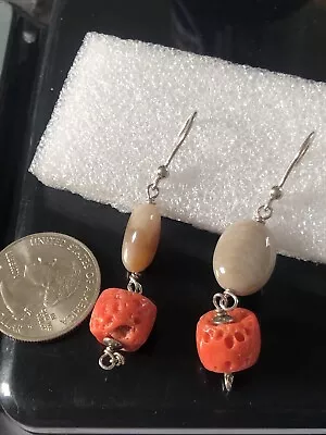 VTG Genuine Red Coral Agate Solid Sterling Silver 925 Dangle Earrings 2”  8g • $10