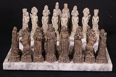 Rare Vintage Sand Cast Chessmen W/ 5  King And Italian Marble Chess Board • $199
