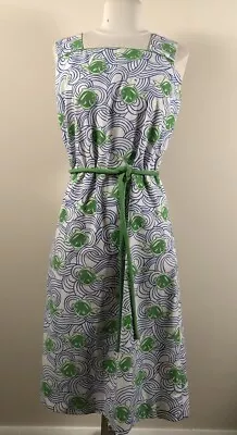 Vintage Vested Gentress Sun Dress With Belt!  Green Fish Print Sz 12 Perfect • $65