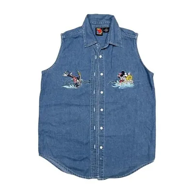 VTG Disney Womens Mickey Minnie Goofy Boat Mouse Denim  Jean Vest Size Medium • $14.88