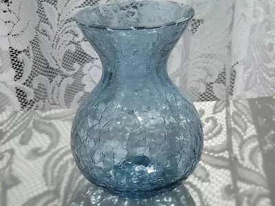 PRE-OWNED 12cm.high  MID CENTURY AZURE BLUE BLOWN CRACKLE GLASS BULB / POSY VASE • £3.50