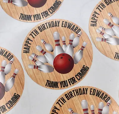 Personalised Bowling Birthday Party 24pk Round Stickers 50mm Sweet Cones Etc • £2.50