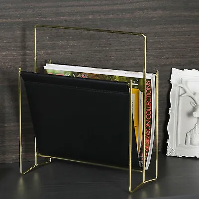 Sling Style Black Leatherette Gold Metal Frame Magazine Floor Standing Rack • $39.99