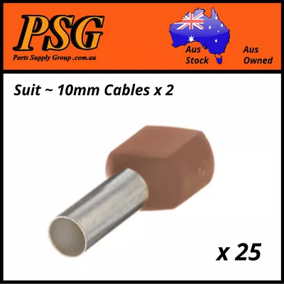 Cable Ferrules TWIN 10mm2 X 25 Pack Bootlace Pin Crimps Wire Sleeves • $14