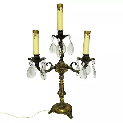 Vintage Brass Crystal Electric Candelabra Girandole 3 Light Table Lamp Light 17  • $149.97