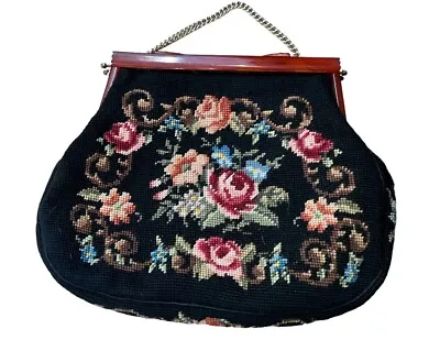 Large Black Rose Floral Needlepoint Tapestry Wool Purse Handbag VTG 14” READ • $26.99