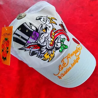 New NWT Rare BRIGHT WHITE Ed Hardy TOP HAT WOLF Rhinestone MESH Trucker CAP Hat • $29.50