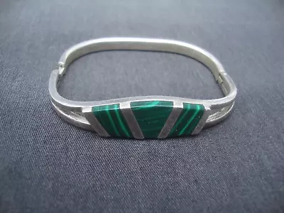 Vintage Sterling Silver 925 MEXICO Malachite Inlay 7  Bangle Bracelet 30g Green • $49