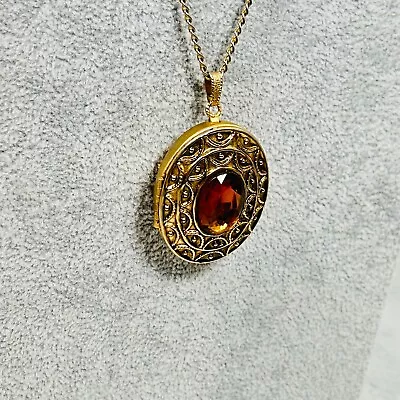 VTG Avon Necklace Perfume Locket Brown Crystal Filigree Oval Brooch Pendant 1966 • $18.95