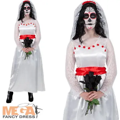Day Of The Dead Bride Ladies Fancy Dress Skeleton Womens Adult Halloween Costume • £13.49