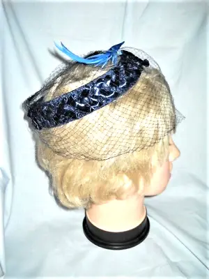 $16 • Buy VINTAGE HAT DARK BLUE CELLOPHANE STRAW RING W/ FEATHER BIRD & VEIL Women Ladies
