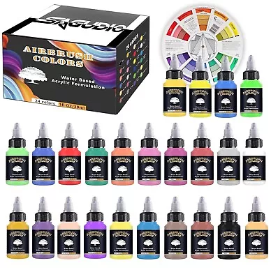 Airbrush Acrylic Paint Set 24 * 30ml Basic Colors Ready Painting Kit Color Wheel • £29.99