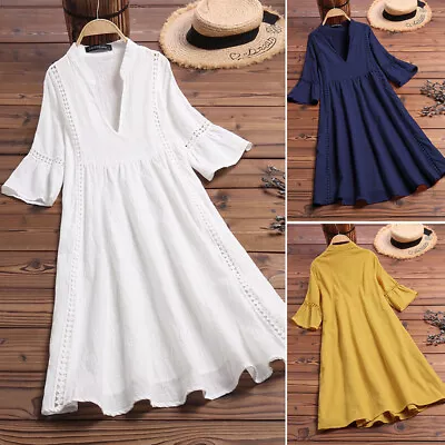 Womens Flare Short Sleeve V Neck Plain Sundress Casual Party Swing Mini Dress AU • $28.93