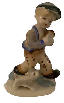 Vintage Boy Blue Cap Carrying Bread Walking With Dog Ceramic Figurine 5  Marked • $19.98