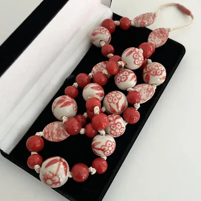 £35 • Buy Vintage Porcelain Necklace Long East Asian Oriental Hand Painted Beads Red
