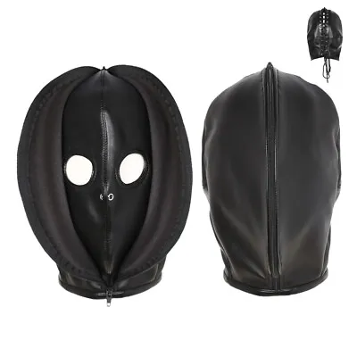 PU Leather Black Full Head Mask Hood Headgear Bondage Open Eyes Mask Removable • $31.89