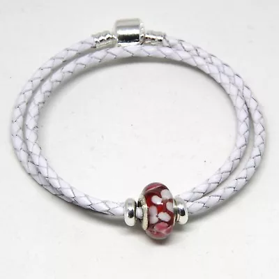 Double Leather Bracelet With S925 Silver Clip Stoppers & Murano Charm In White • £14.99