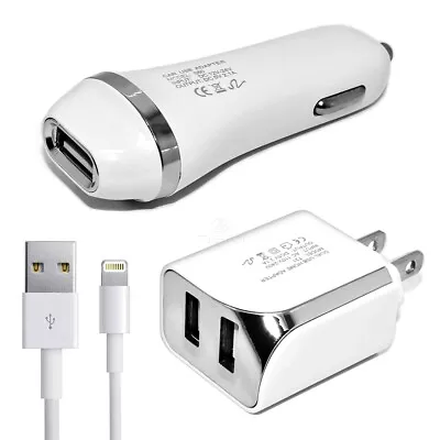 White Color 2.1A Car Charger Adapter + Wall Home Charger + 5ft USB Cord Cable  • $12.20