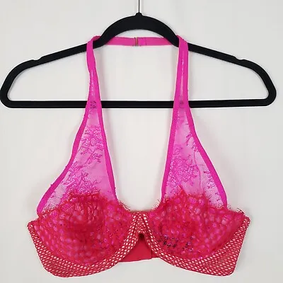 Victorias Secret Very Sexy Unlined Plunge Bra 34D Halter Top Red Pink Lace • £13.50