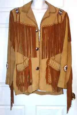 Scully Western Cowboy Jacket Tan Suede Leather Fringed Beaded Lined Size 46 • $64.98